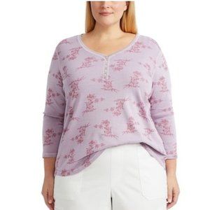 Chaps 3/4 Sleeves Lilac Floral Henley Top 1X